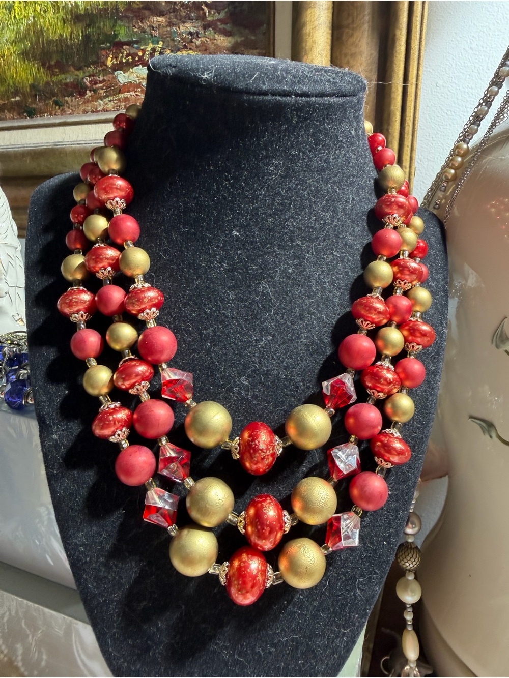 Vintage Japan Red Gold Three-Strand Beaded Necklace